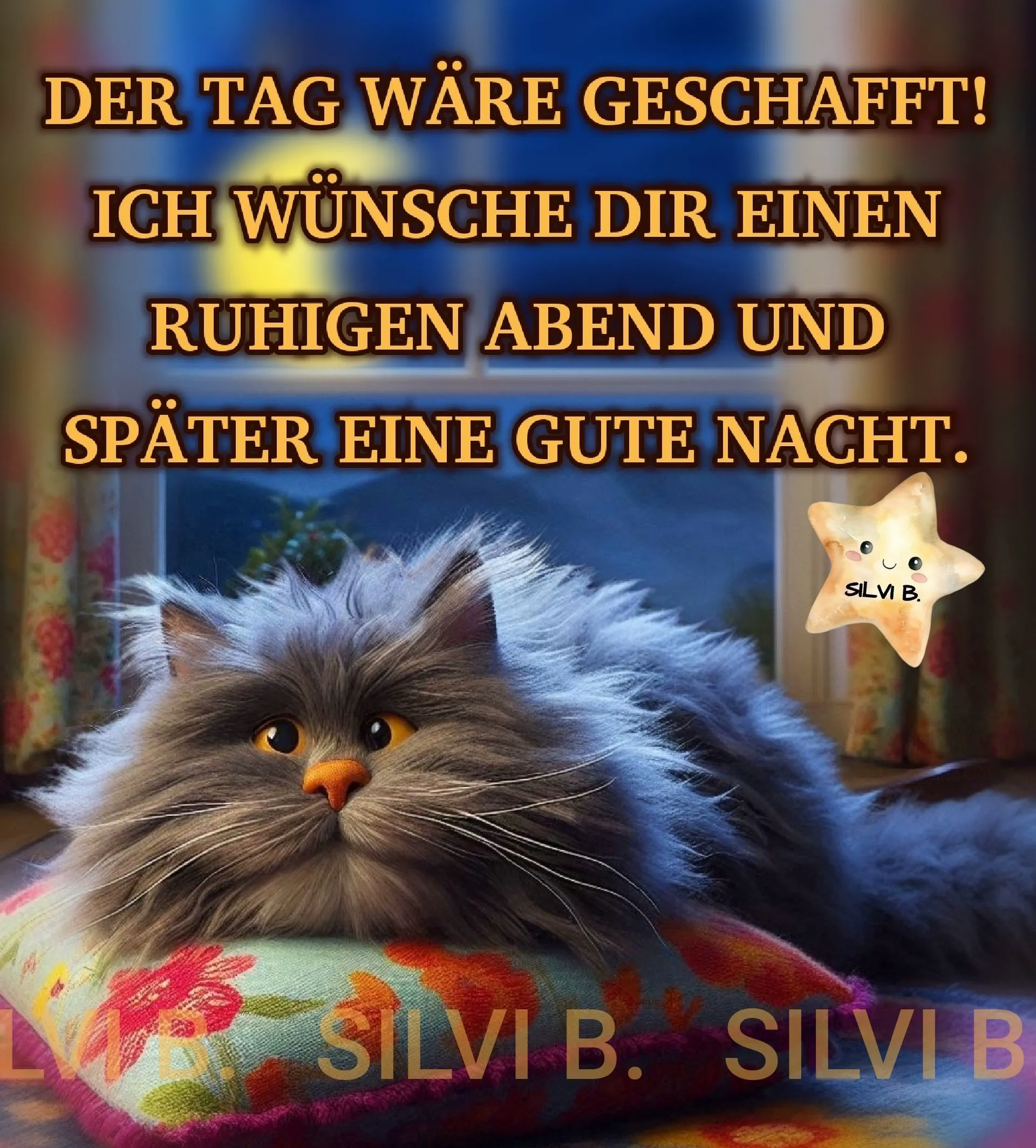 Flauschige graue Katze auf buntem Kissen wünscht einen ruhigen Abend und gute Nacht. Ideal als Guten-Abend-Grußbild zum Verschicken.